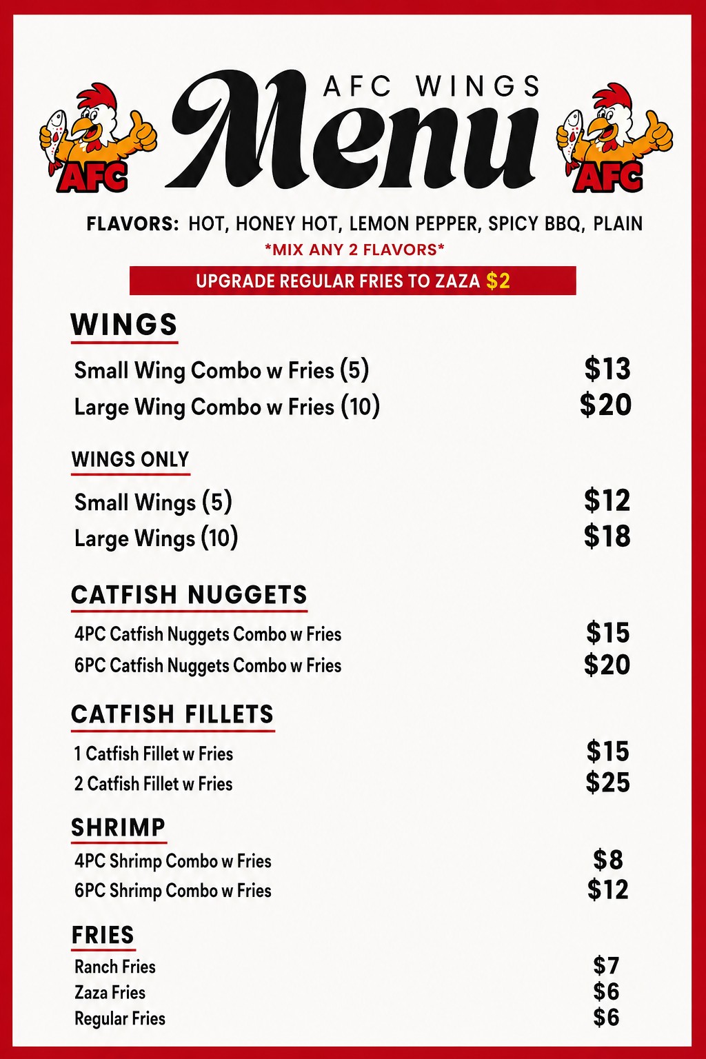 AFC Wings Menu